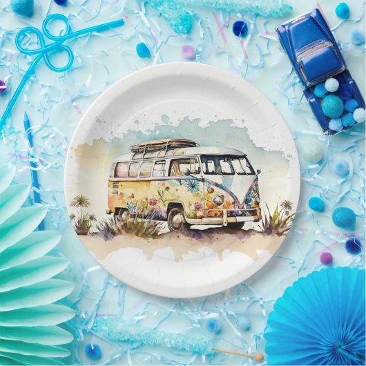 Retro Waterverf Hippiebus met bloemen Papieren Bordje (Feest)