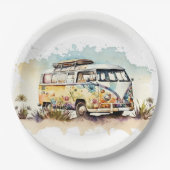 Retro Waterverf Hippiebus met bloemen Papieren Bordje (Voorkant)