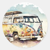 Retro Waterverf Hippiebus met bloemen Ronde Sticker (Voorkant)