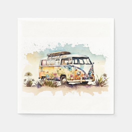 Retro Waterverf Hippiebus met bloemen Servet (Voorkant)