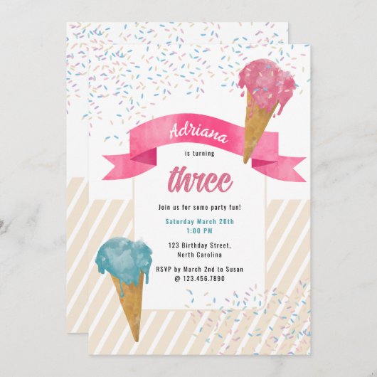 Retro Waterverf Ice Cream & Sprinkles Birthday Kaart (Voorkant / Achterkant)