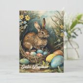 Retro waterverf illustratie Paaskonijn Feestdagenkaart (Staand voorkant)