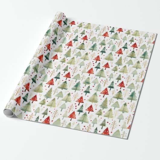 Retro Waterverf Kerstbomen Kerst Cadeaupapier (Uitgerold)