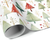 Retro Waterverf Kerstbomen Kerst Cadeaupapier (Rol Hoek)