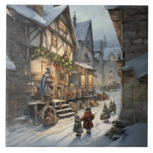 Retro Waterverf Kerstdorp Tegeltje