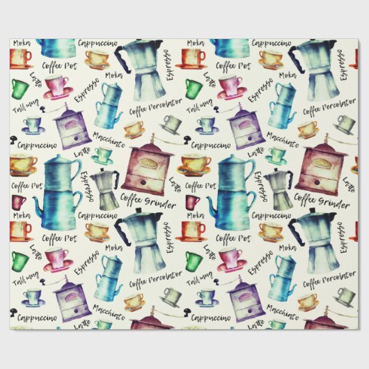 Retro Waterverf koffiepotten cuppatroon Cadeaupapier (Vlak)