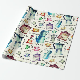 Retro Waterverf koffiepotten cuppatroon Cadeaupapier