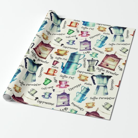 Retro Waterverf koffiepotten cuppatroon Cadeaupapier (Uitgerold)