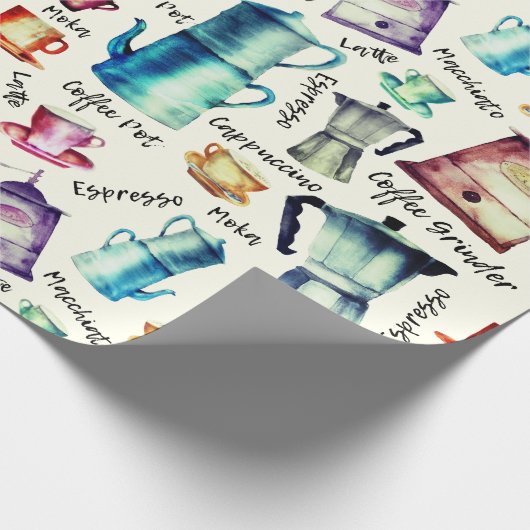 Retro Waterverf koffiepotten cuppatroon Cadeaupapier (Hoek)