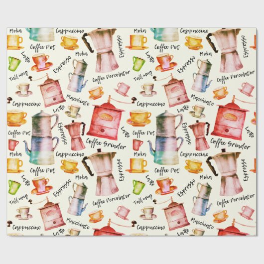 Retro Waterverf koffiepotten cuppatroon Cadeaupapier (Vlak)