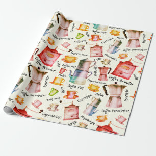 Retro Waterverf koffiepotten cuppatroon Cadeaupapier