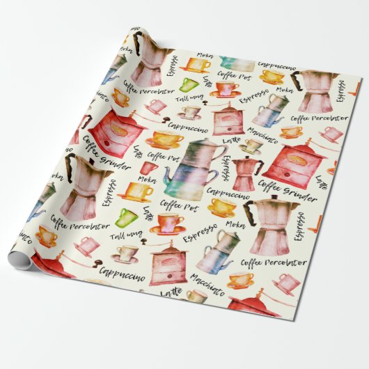 Retro Waterverf koffiepotten cuppatroon Cadeaupapier (Uitgerold)