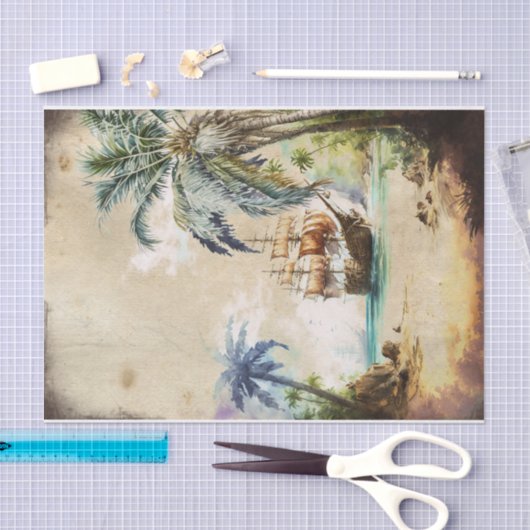 Retro Waterverf Piratenschip Palm Tree Decoupage Tissuepapier (Craft)