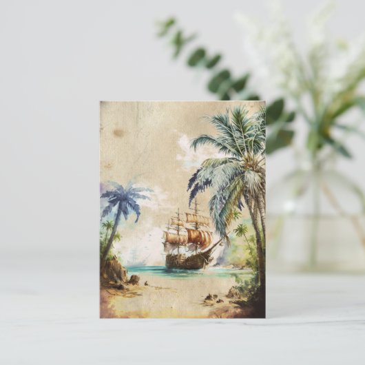 Retro Waterverf Piratenschip Palm Trees Oud Papier Briefkaart (Staand voorkant)