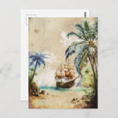 Retro Waterverf Piratenschip Palm Trees Oud Papier Briefkaart (Voorkant / Achterkant)