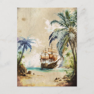 Retro Waterverf Piratenschip Palm Trees Oud Papier Briefkaart