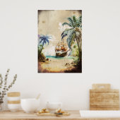 Retro Waterverf Piratenschip Palm Trees Oud Papier Poster (Keuken)