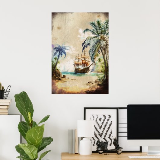 Retro Waterverf Piratenschip Palm Trees Oud Papier Poster (Thuiskantoor)