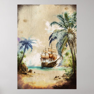 Retro Waterverf Piratenschip Palm Trees Oud Papier Poster