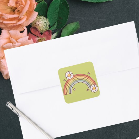 Retro Waterverf Regenboog Boho Bloem Vierkante Sticker