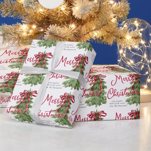 Retro Waterverf Rode Boog Boom Kerstmis Cadeaupapier (Feestdagen)