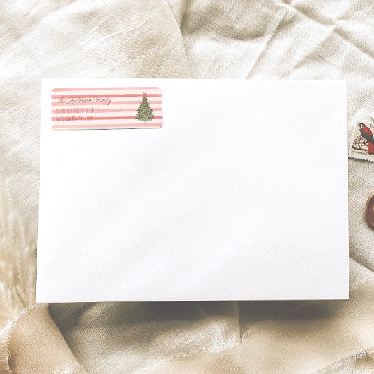 Retro Waterverf rode strepen kerstboom Etiket