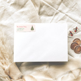 Retro Waterverf Rood Groen Kerstboom Etiket