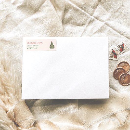 Retro Waterverf Rood Groen Kerstboom Etiket