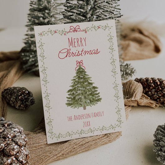 Retro Waterverf Rood Groen Kerstboom Feestdagenkaart