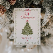 Retro Waterverf Rood Groen Kerstboom Feestdagenkaart