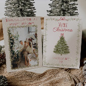 Retro Waterverf Rood Groen Kerstboom Feestdagenkaart