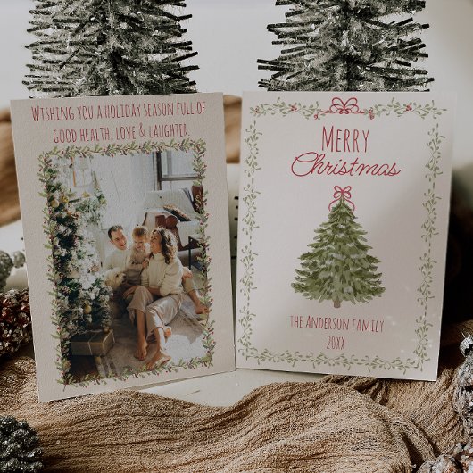 Retro Waterverf Rood Groen Kerstboom Feestdagenkaart