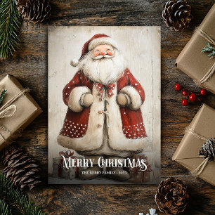 Retro-waterverf rood-wit kerstkaart van Kerstman