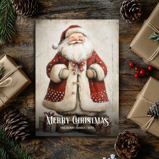 Retro-waterverf rood-wit kerstkaart van Kerstman