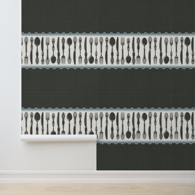 Retro  Waterverf Servies bestek Keuken Behang (Applicatie)