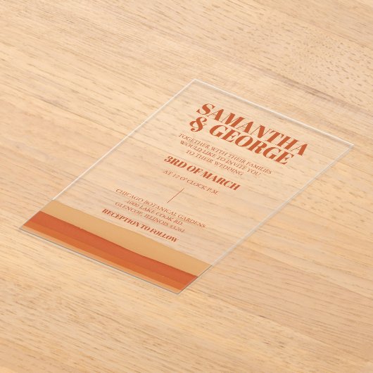 Retro Waterverf Strepen Terracotta Oranje bruiloft Acryl Uitnodigingen (Laagn)