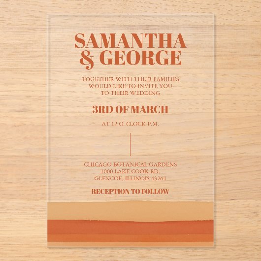 Retro Waterverf Strepen Terracotta Oranje bruiloft Acryl Uitnodigingen (Voorkant)