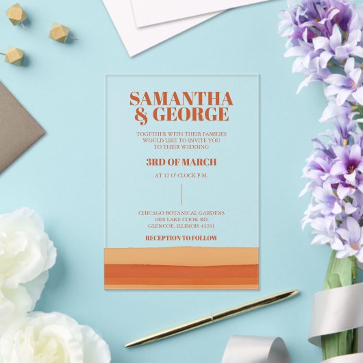 Retro Waterverf Strepen Terracotta Oranje bruiloft Acryl Uitnodigingen (Insitu (Huwelijk))