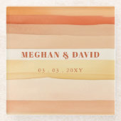 Retro Waterverf Strepen Terracotta Oranje bruiloft Glazen Onderzetter (Voorkant)