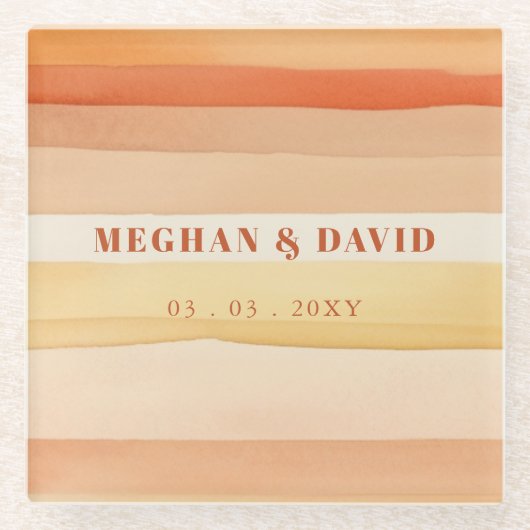 Retro Waterverf Strepen Terracotta Oranje bruiloft Glazen Onderzetter (Voorkant)