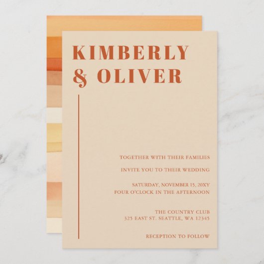 Retro Waterverf Strepen Terracotta Oranje bruiloft Kaart (Voorkant / Achterkant)