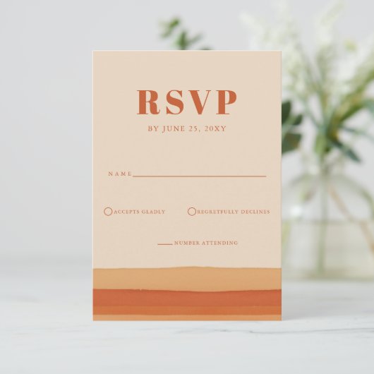 Retro Waterverf Strepen Terracotta Oranje bruiloft RSVP Kaartje (Staand voorkant)