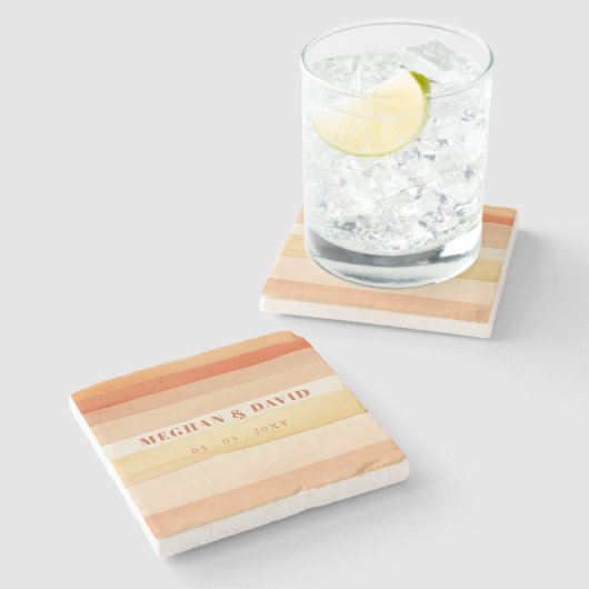 Retro Waterverf Strepen Terracotta Oranje bruiloft Stenen Onderzetter (Zijkant)