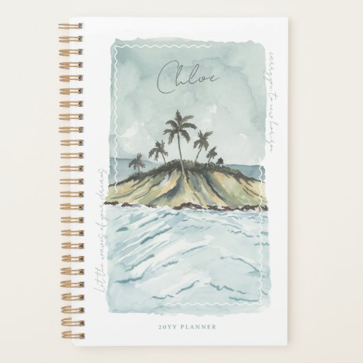 Retro Waterverf Tropische palmbomen gepersonalisee Planner (Voorkant)