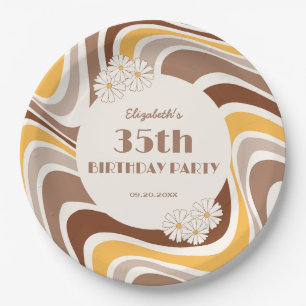 Retro Wave Artistieke Bloem Boog Bruin Verjaardag Papieren Bordje