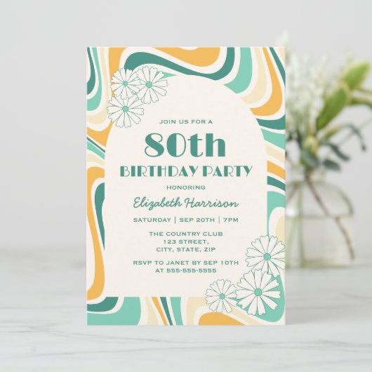 Retro Wave Bloem Boog Groen Geel Verjaardag Kaart (Staand voorkant)