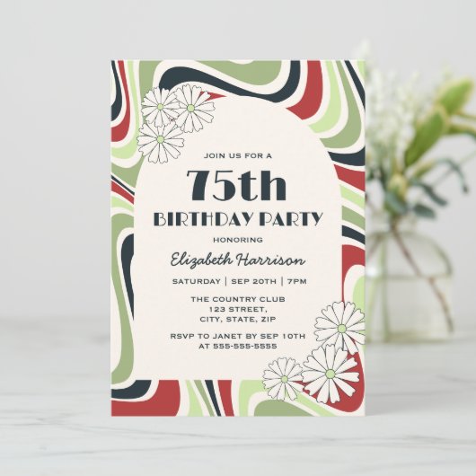 Retro Wave Bloem Boog Groen Rood Zwart Verjaardag Kaart (Staand voorkant)