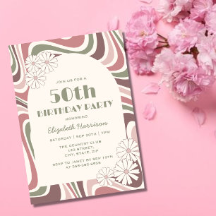 Retro Wave Bloem Boog Sage Bruin Perzik Verjaardag Kaart