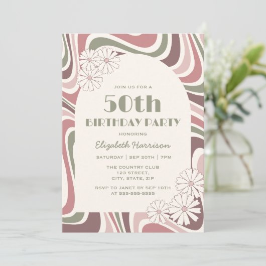 Retro Wave Bloem Boog Sage Bruin Perzik Verjaardag Kaart (Staand voorkant)