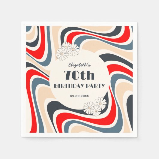 Retro Wave Bloem Grijs Rood Verjaardag Servet (Voorkant)